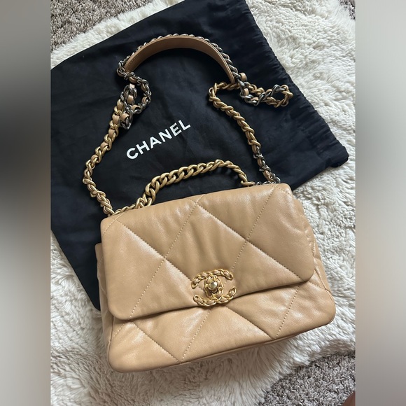 SOLD—-Authentic Chanel 19 Small Beige lambskin - Picture 2 of 16